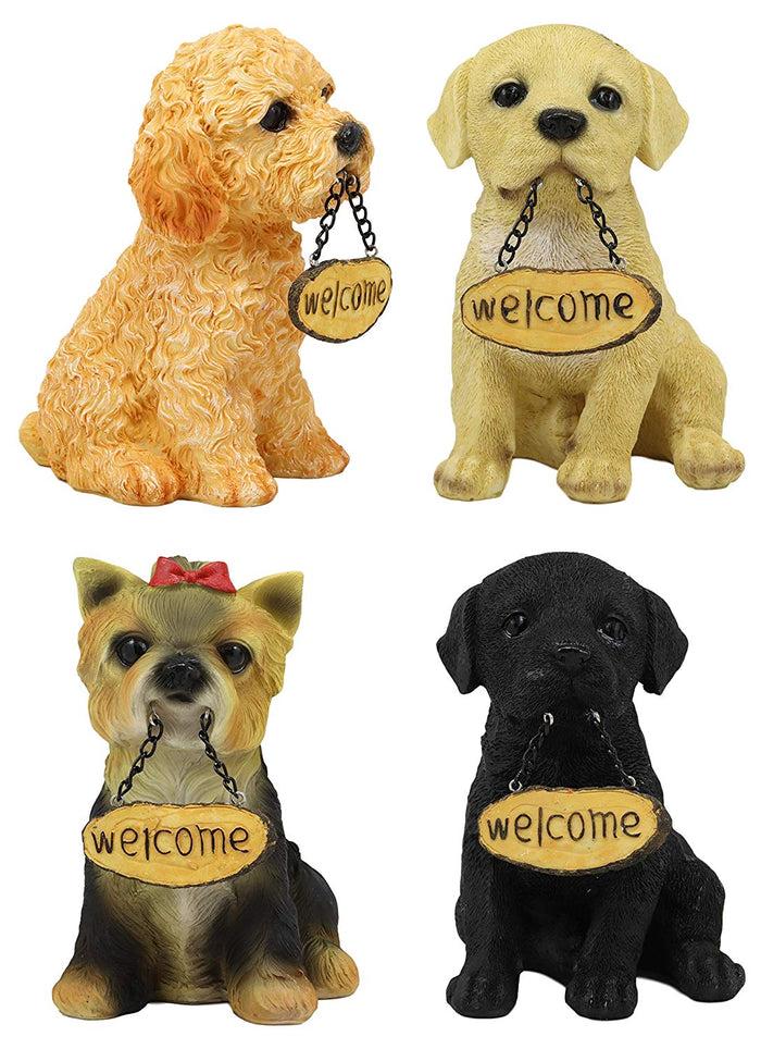 ebros gift Ebros Gift Set of 4 Dogs Realistic Poodle Fawn and Black Labrador and Yorkshire Terrier Puppies Figurines with Greeting Signs As Welcome Home Decor Pet Pals Dog Sculpture 6.25" Tall Memorial Statues