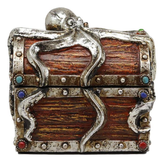 Ebros Gift Ebros Gift Silver Shimmer Alien Octopus Guarding Pirate Treasure Chest Box Trinket Box Figurine Nautical Coastal Ocean Decorative Jewelry Storage Keepsake (4.75" Wide Small)