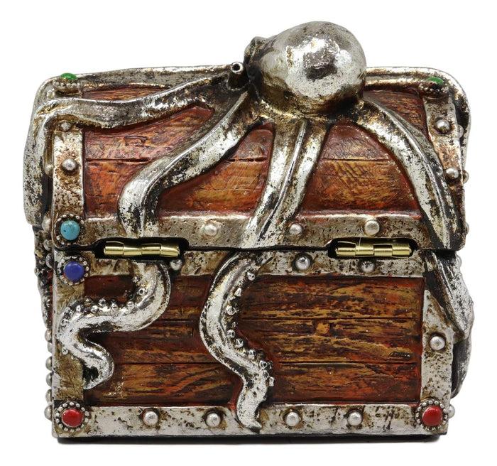 Ebros Gift Ebros Gift Silver Shimmer Alien Octopus Guarding Pirate Treasure Chest Box Trinket Box Figurine Nautical Coastal Ocean Decorative Jewelry Storage Keepsake (4.75" Wide Small)