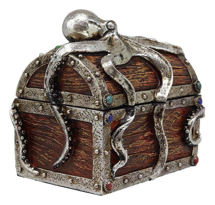 Ebros Gift Ebros Gift Silver Shimmer Alien Octopus Guarding Pirate Treasure Chest Box Trinket Box Figurine Nautical Coastal Ocean Decorative Jewelry Storage Keepsake (6.25" Wide Medium)
