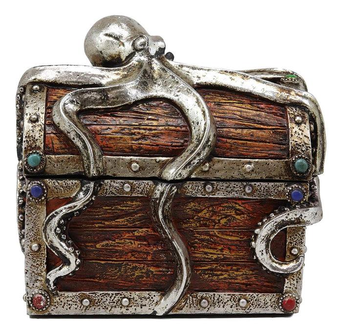 Ebros Gift Ebros Gift Silver Shimmer Alien Octopus Guarding Pirate Treasure Chest Box Trinket Box Figurine Nautical Coastal Ocean Decorative Jewelry Storage Keepsake (6.25" Wide Medium)
