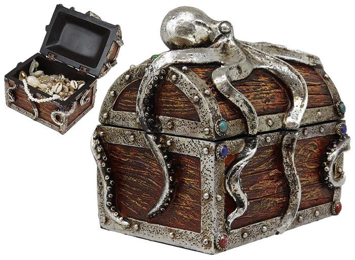 ebros gift Ebros Gift Silver Shimmer Alien Octopus Guarding Pirate Treasure Chest Box Trinket Box Figurine Nautical Coastal Ocean Decorative Jewelry Storage Keepsake (6.25" Wide Medium)