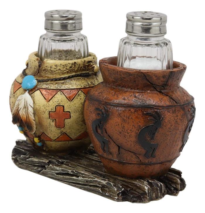 Ebros Gift Ebros Gift Southwestern Native American Indian Hopi Kokopelli God And Turquoise Feathers Canister Jars Glass Salt And Pepper Shakers Holder Figurine Set 6.25" Wide Decorative Home And Kitchen Accent