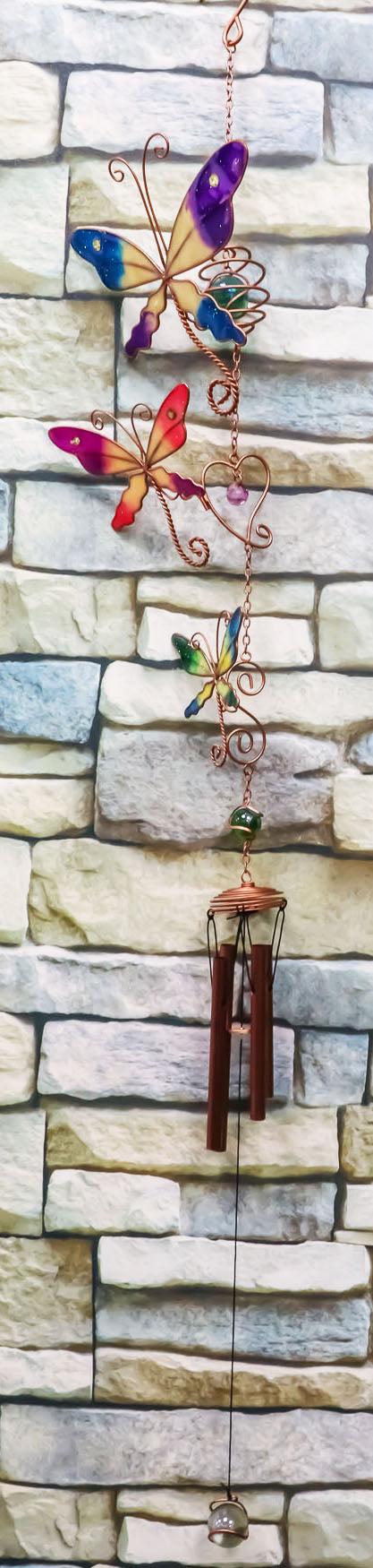 ebros gift Ebros Gift Stained Glass Colorful Three Butterflies Copper Metal Wind Chime 28"Long Resonant Outdoor Patio Garden Decor Accessory