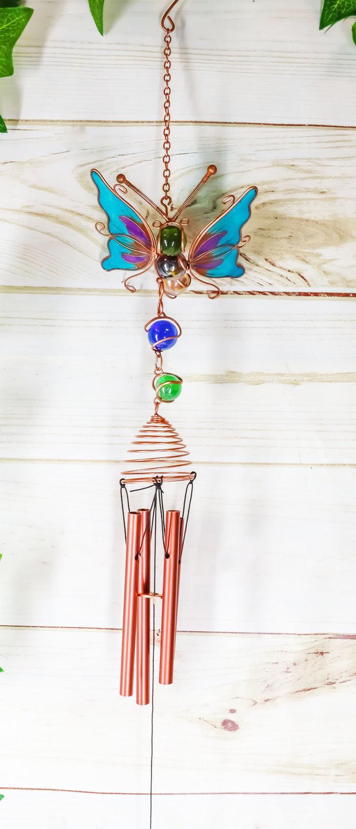 Ebros Gift Ebros Gift Stained Glass Flitting Butterfly Copper Metal Wind Chime 28"Long Resonant Outdoor Patio Garden Decor Accessory