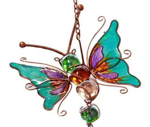 Ebros Gift Ebros Gift Stained Glass Flitting Butterfly Copper Metal Wind Chime 28"Long Resonant Outdoor Patio Garden Decor Accessory