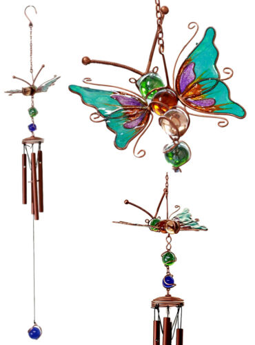 ebros gift Ebros Gift Stained Glass Flitting Butterfly Copper Metal Wind Chime 28"Long Resonant Outdoor Patio Garden Decor Accessory