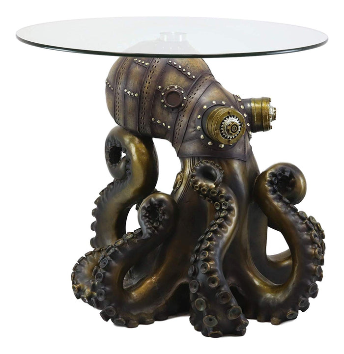 Ebros Gift Ebros Gift Steampunk Octopus Navy Military Marauder Round Side Coffee Table With Glass Top Science Fiction Sci Fi Furniture Collectible Steampunks Fantasy Kraken Monster Statue