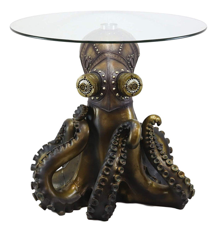 ebros gift Ebros Gift Steampunk Octopus Navy Military Marauder Round Side Coffee Table with Glass Top Science Fiction Sci Fi Furniture Collectible Steampunks Fantasy Kraken Monster Statue
