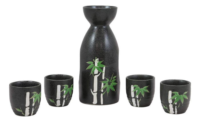 Ebros Gift Ebros Gift Traditional Ceremony Porcelain Pottery Green Bamboo Silhouette Design Japanese Rice Wine Sake 5 Piece Set Of 1 Black Tokkuri Serving Flask 10oz With 4 Ochoko Cups 2oz