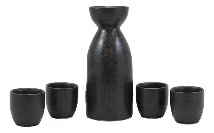 Ebros Gift Ebros Gift Traditional Ceremony Porcelain Pottery Green Bamboo Silhouette Design Japanese Rice Wine Sake 5 Piece Set Of 1 Black Tokkuri Serving Flask 10oz With 4 Ochoko Cups 2oz