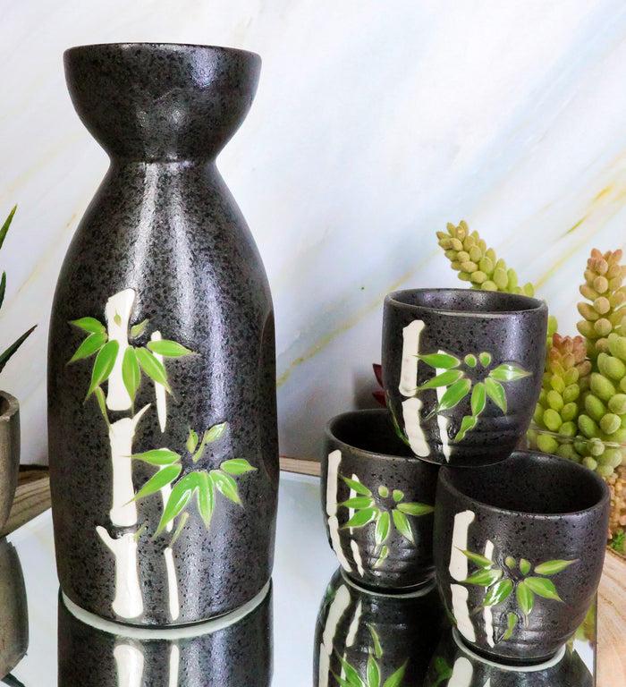 ebros gift Ebros Gift Traditional Ceremony Porcelain Pottery Green Bamboo Silhouette Design Japanese Rice Wine Sake 5 Piece Set Of 1 Black Tokkuri Serving Flask 10oz With 4 Ochoko Cups 2oz