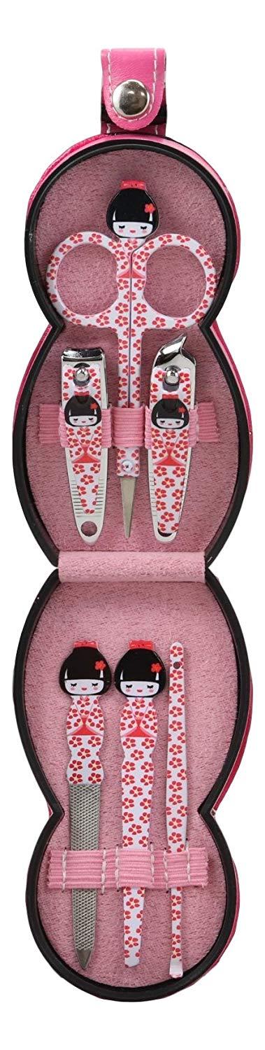 Ebros Gift Ebros Gift Traditional Japanese Kokeshi Girl Doll Travel Portable Case Manicure Pedicure Set 6 Piece Stainless Steel Grooming Tools Nail Clippers Scissors Filers Ear Pick Tweezer (White Kimono)