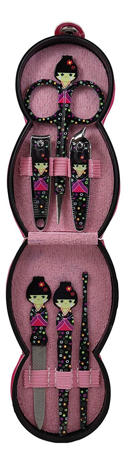 Ebros Gift Ebros Gift Traditional Japanese Kokeshi Girl Doll Travel Portable Case Manicure Pedicure Set 6 Piece Stainless Steel Grooming Tools Nail Clippers Scissors Filers Ear Pick Tweezer (Black Kimono)