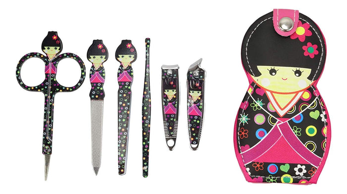 ebros gift Ebros Gift Traditional Japanese Kokeshi Girl Doll Travel Portable Case Manicure Pedicure Set 6 Piece Stainless Steel Grooming Tools Nail Clippers Scissors Filers Ear Pick Tweezer (Black Kimono)