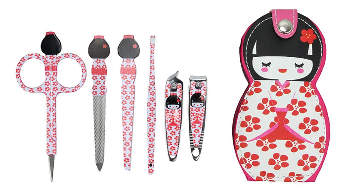 ebros gift Ebros Gift Traditional Japanese Kokeshi Girl Doll Travel Portable Case Manicure Pedicure Set 6 Piece Stainless Steel Grooming Tools Nail Clippers Scissors Filers Ear Pick Tweezer (White Kimono)