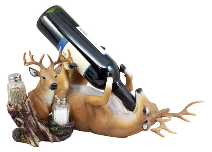 Ebros Gift Ebros Gift Trophy Emperor Whitetail Buck Deer Wine Holder And Glass Salt & Pepper Shakers Holder Figurine Decor Set