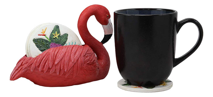 Ebros Gift Ebros Gift Tropical Birds Of Paradise Roosting Pink Flamingo Display Holder Coaster Set With 4 Rounded Colorful Floral Coasters 7" Wide