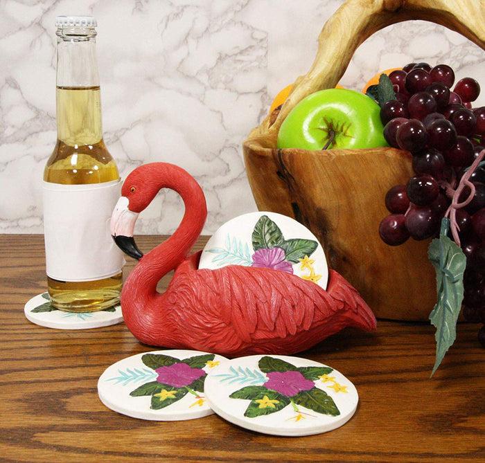Ebros Gift Ebros Gift Tropical Birds Of Paradise Roosting Pink Flamingo Display Holder Coaster Set With 4 Rounded Colorful Floral Coasters 7" Wide