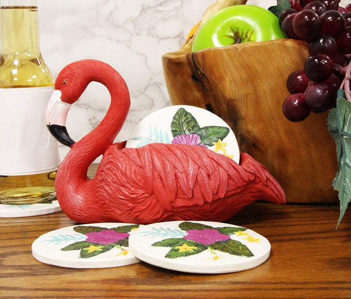 ebros gift Ebros Gift Tropical Birds of Paradise Roosting Pink Flamingo Display Holder Coaster Set with 4 Rounded Colorful Floral Coasters 7" Wide