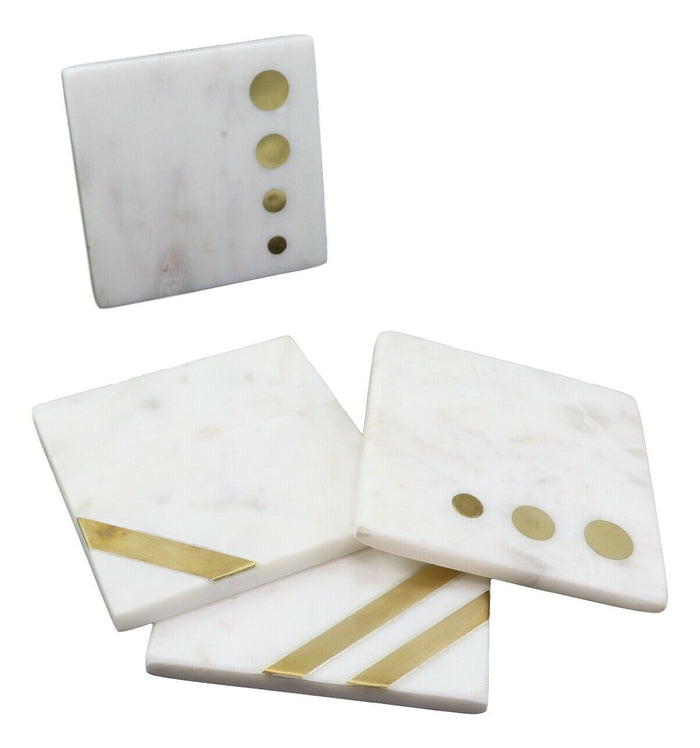 Ebros Gift Ebros Gift White Banswara Marble With Gold Metal Accents 4 Piece Coaster Set Drink Coasters 4" Wide Furniture Protector Decorative Home Accent
