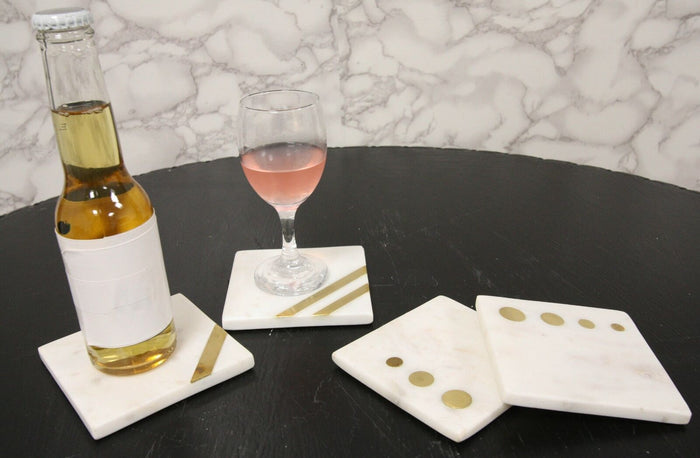 Ebros Gift Ebros Gift White Banswara Marble With Gold Metal Accents 4 Piece Coaster Set Drink Coasters 4" Wide Furniture Protector Decorative Home Accent
