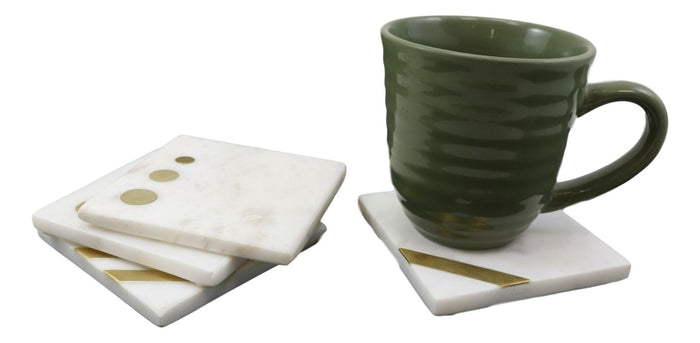 Ebros Gift Ebros Gift White Banswara Marble With Gold Metal Accents 4 Piece Coaster Set Drink Coasters 4" Wide Furniture Protector Decorative Home Accent