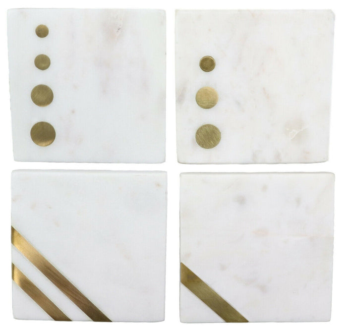 ebros gift Ebros Gift White Banswara Marble with Gold Metal Accents 4 Piece Coaster Set Drink Coasters 4" Wide Furniture Protector Decorative Home Accent
