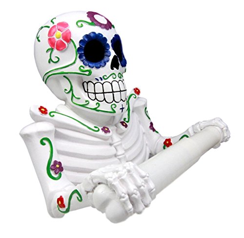 Ebros Gift Ebros Gift White Day Of The Dead Sugar Skull Floral Skeleton Toilet Paper Holder Bathroom Wall Decoration Figurine