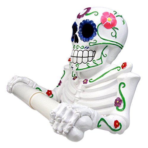 Ebros Gift Ebros Gift White Day Of The Dead Sugar Skull Floral Skeleton Toilet Paper Holder Bathroom Wall Decoration Figurine