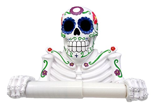Ebros Gift Ebros Gift White Day Of The Dead Sugar Skull Floral Skeleton Toilet Paper Holder Bathroom Wall Decoration Figurine