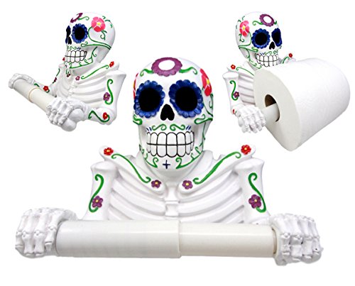 ebros gift Ebros Gift White Day Of The Dead Sugar Skull Floral Skeleton Toilet Paper Holder Bathroom Wall Decoration Figurine