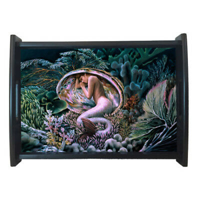 ebros gift Ebros Gift Wooden Butler Serving Tray 13" x 9" Eternity Pearl Mermaid Sheila Wolk W Handles