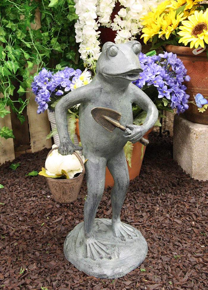 ebros gift Ebros Gift19" Tall Aluminum Whimsical Green Thumb Garden Frog With Shovel And Pail Statue