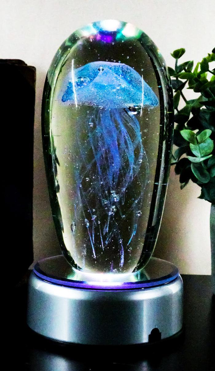 ebros gift Ebros Glow In The Dark Light Blue Jellyfish 6"H Glass Egg With Color LED Base