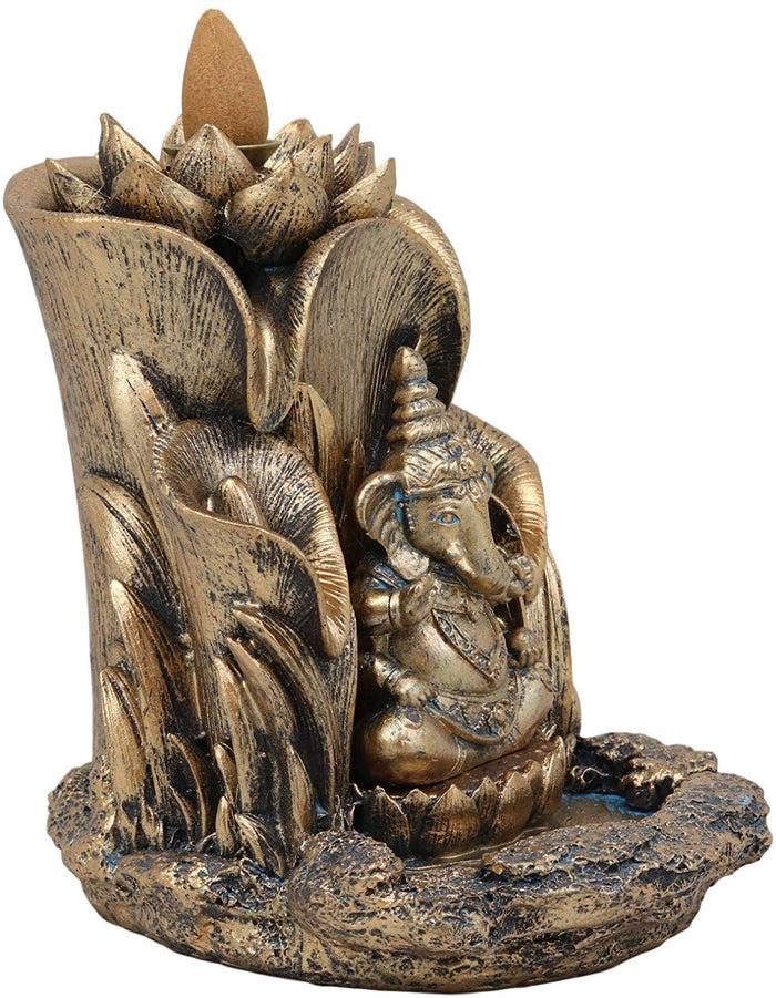 Ebros Gift Ebros Golden Hinduism Avatar Ganapati Lord Ganesha With 4 Hands Seated On Lotus Throne Backflow Cone Incense Burner Statue 5.25" Tall Hindu Vastu Wisdom And Prosperity Altar Decor Figurine