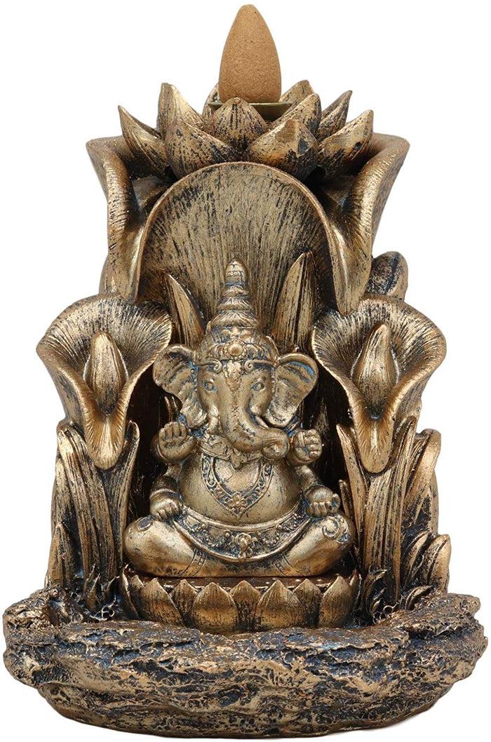 Ebros Gift Ebros Golden Hinduism Avatar Ganapati Lord Ganesha With 4 Hands Seated On Lotus Throne Backflow Cone Incense Burner Statue 5.25" Tall Hindu Vastu Wisdom And Prosperity Altar Decor Figurine