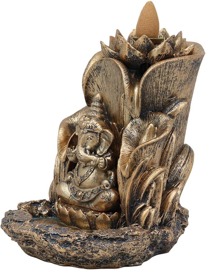 Ebros Gift Ebros Golden Hinduism Avatar Ganapati Lord Ganesha With 4 Hands Seated On Lotus Throne Backflow Cone Incense Burner Statue 5.25" Tall Hindu Vastu Wisdom And Prosperity Altar Decor Figurine