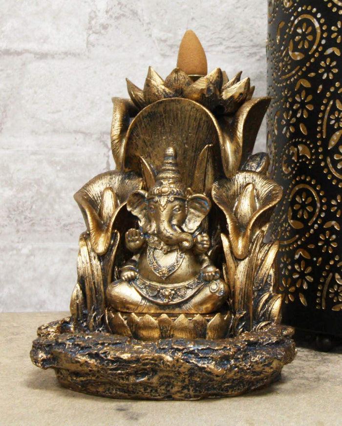 ebros gift Ebros Golden Hinduism Avatar Ganapati Lord Ganesha with 4 Hands Seated On Lotus Throne Backflow Cone Incense Burner Statue 5.25" Tall Hindu Vastu Wisdom and Prosperity Altar Decor Figurine