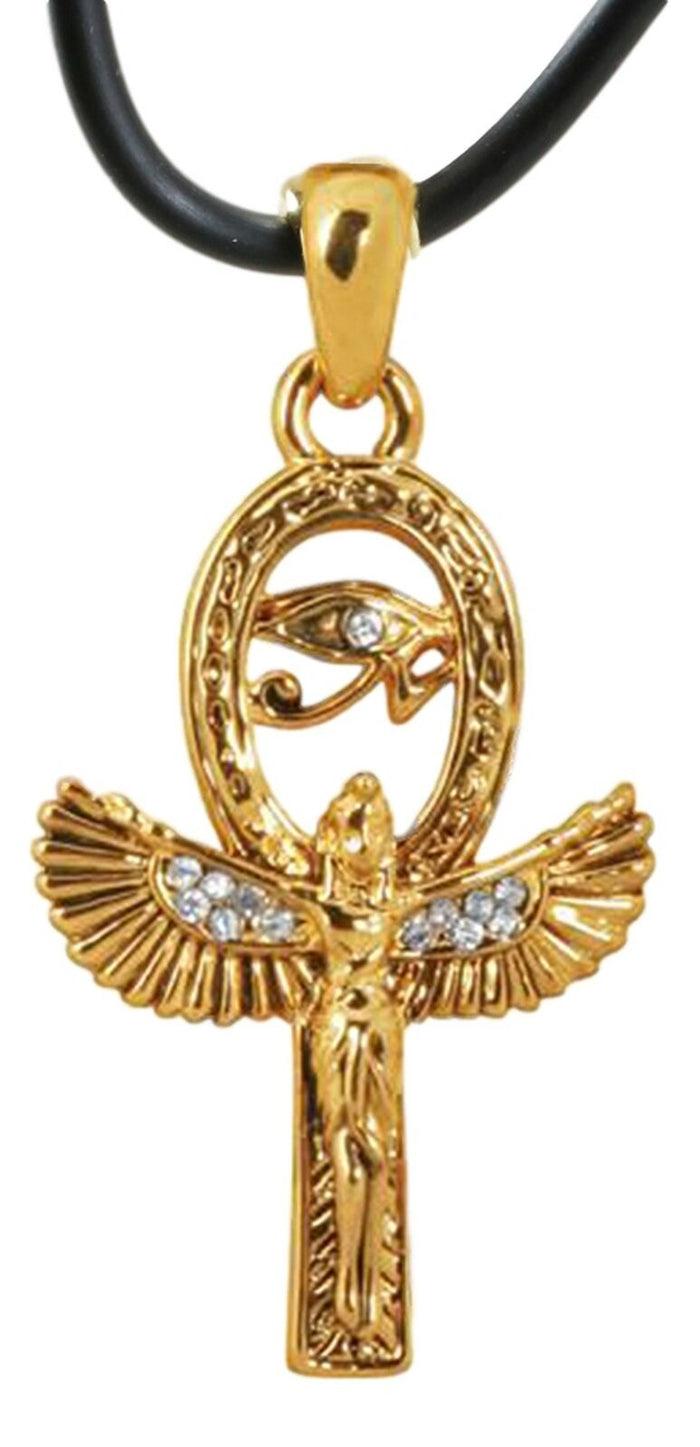 ebros gift Ebros Golden Isis with Open Wings Ankh Amulet with Eye of Horus Pendant Necklace