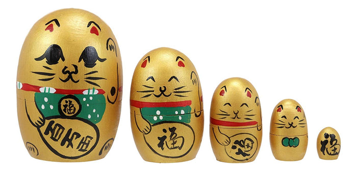 Ebros Gift Ebros Golden Maneki Neko Wooden Toy Stacking Nesting Dolls 5 Piece Matryoshka