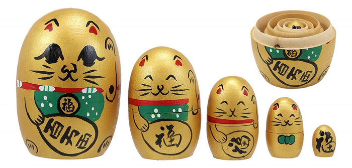 Ebros Gift Ebros Golden Maneki Neko Wooden Toy Stacking Nesting Dolls 5 Piece Matryoshka