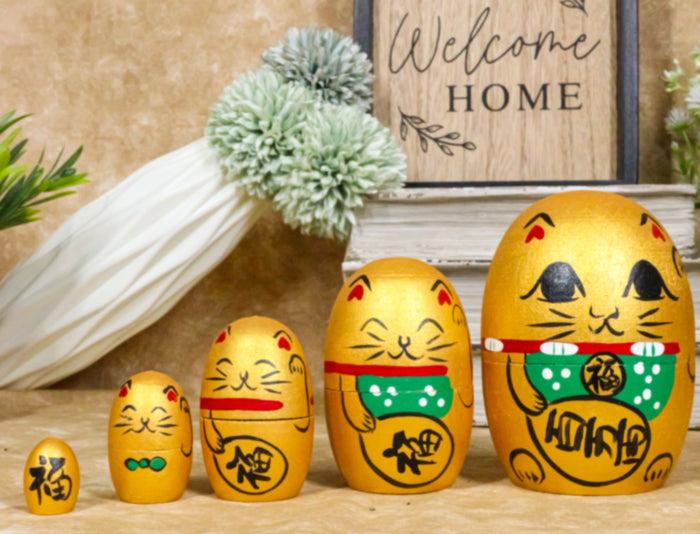 ebros gift Ebros Golden Maneki Neko Wooden Toy Stacking Nesting Dolls 5 Piece Matryoshka