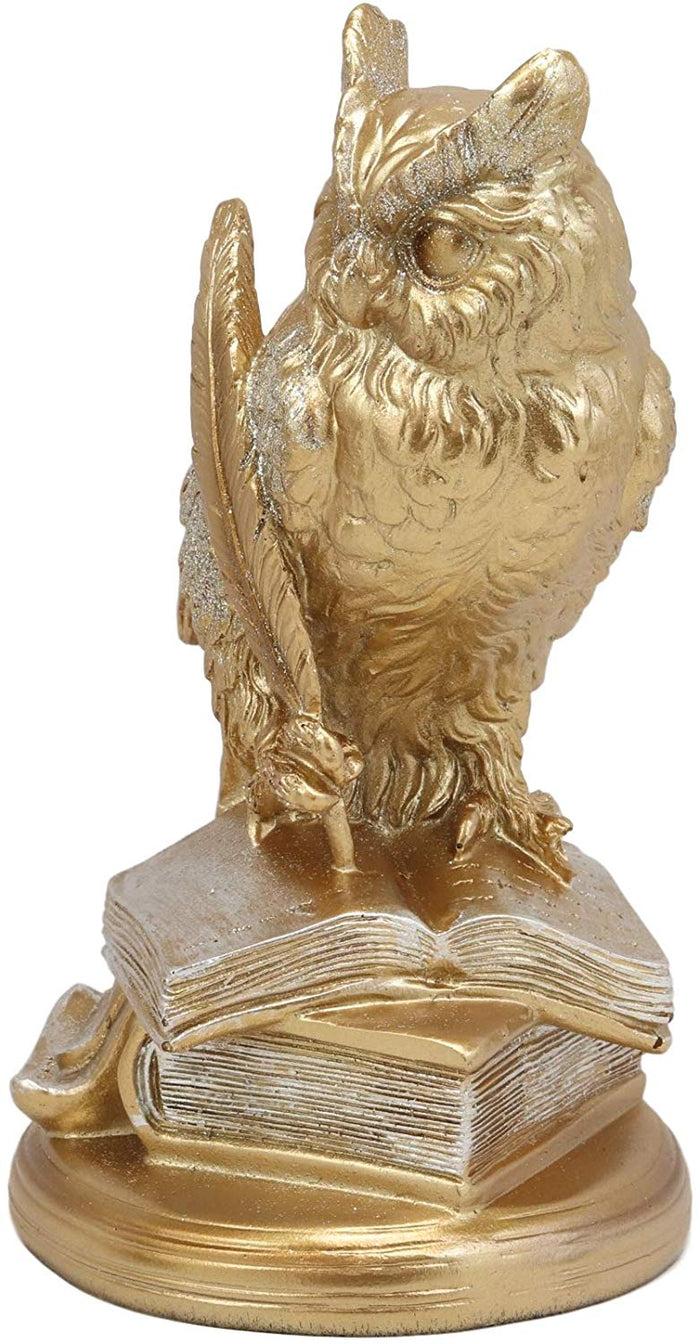 Ebros Gift Ebros Golden Owl Of Bibliography Figurine Wisdom Of The Woods Wise Great Horned Owl With A Pen Feather Writing On A Stack Of Scholarly Books Collectible Statue With Glitters Accent Decor Of Owls Theme