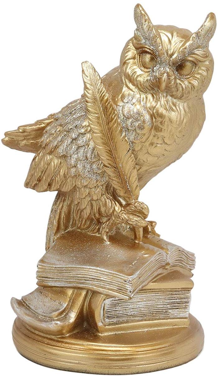 ebros gift Ebros Golden Owl Of Bibliography Figurine Wisdom Of The Woods Wise Great Horned Owl With a Pen Feather Writing On A Stack Of Scholarly Books Collectible Statue With Glitters Accent Decor Of Owls Theme