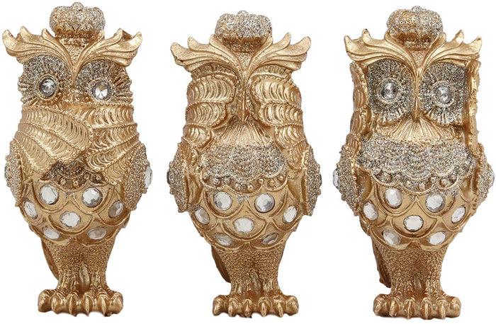 Ebros Gift Ebros Golden See Hear Speak No Evil 3 Wise Owls With Royal Crowns And Crystals Figurine Decor Set Wisdom Of The Woods Wise Great Horned Owls Collectible Statues
