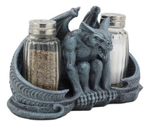 Ebros Gift Ebros Gothic Abaddon Crouching Winged Gargoyle Salt And Pepper Shakers Holder Figurine Set 6.5" Long Fantasy Kitchen Decor Statue
