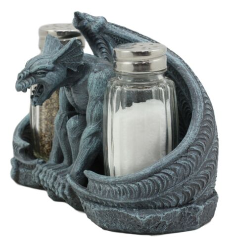 Ebros Gift Ebros Gothic Abaddon Crouching Winged Gargoyle Salt And Pepper Shakers Holder Figurine Set 6.5" Long Fantasy Kitchen Decor Statue