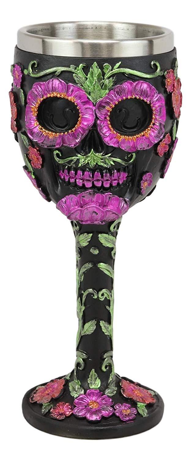 Ebros Gift Ebros Gothic Black Red Pink Green Day Of The Dead Sugar Skull Wine Goblet 7oz
