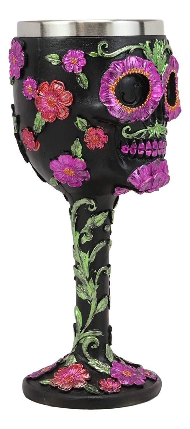 Ebros Gift Ebros Gothic Black Red Pink Green Day Of The Dead Sugar Skull Wine Goblet 7oz